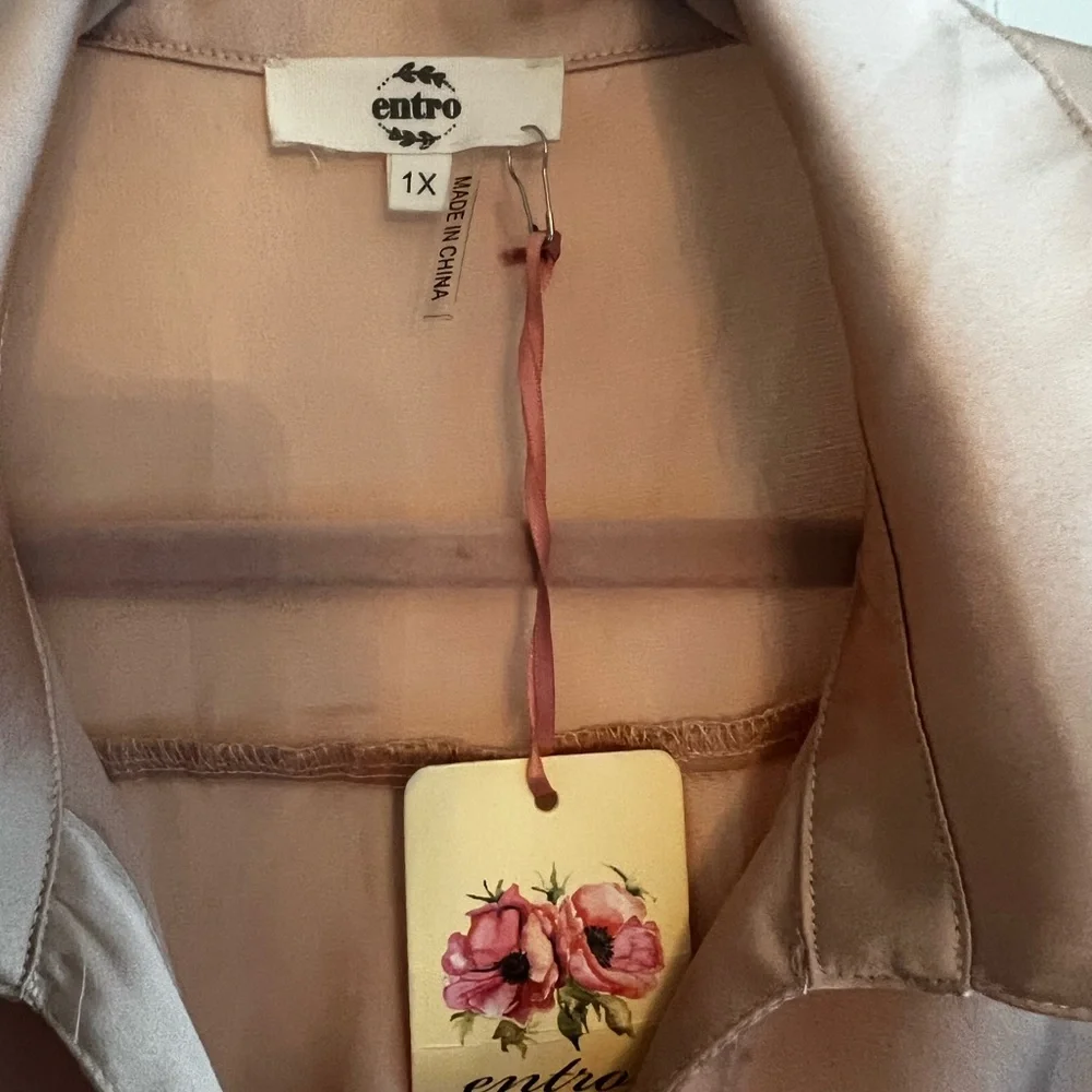 Entro Satin with feather trim Button Down Shirt in Blush - Picture 3 of 4